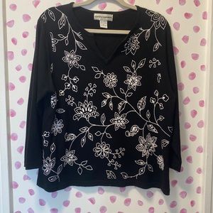 Cathy Daniels Lightweight Sweater Top with White Embroidered Floral Pattern